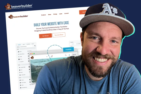 Robby McCullough smiling in front of Beaver Builder website and page builder interface graphics.
